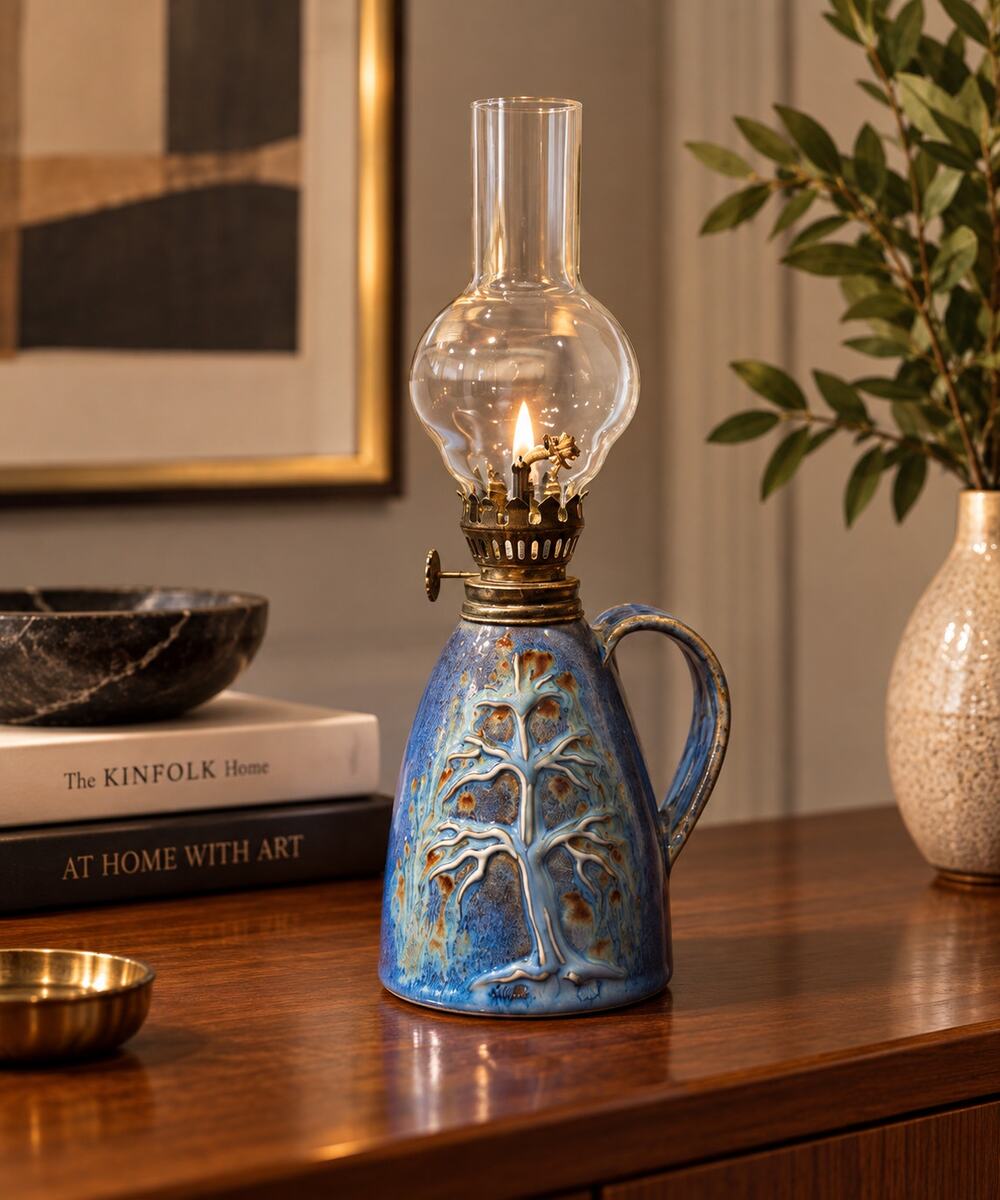 Vintage Studio Pottery Oil Lamp Attributed to Carlos Robledo Blue Tree Design